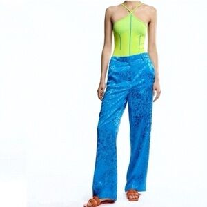 Zara Jacquard Textured High Waisted Straight Leg‎ Pants Womens Size XS Blue Chic